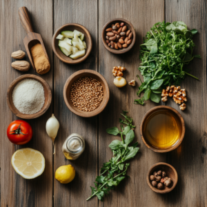 Overhead shot of vegan sauce ingredients spread: cashews, tahini, nutritional yeast, lemon, garlic, and spices.