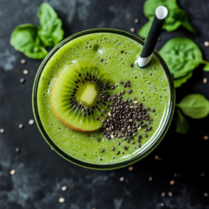 Hyper-realistic close-up of a light green smoothie in a clear glass topped with kiwi slices and chia seeds, minimalist background.