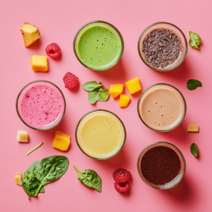 Overhead shot of five colorful smoothies in glasses, with matching raw ingredients displayed around them.