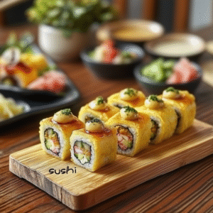 Rustic wooden table featuring sweet potato toasts with avocado, peanut butter and jam sushi rolls, edamame corn salad, and trail mix bags.