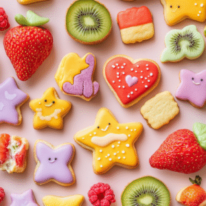 Close-up of sandwich cookies in star and heart shapes, rainbow fruit kabobs, and hummus critter cups on a light surface.