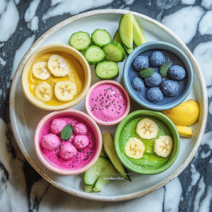 Overhead view of colorful silicone cups filled with hummus and veggie sticks, energy bites, and apple subs on a white countertop.